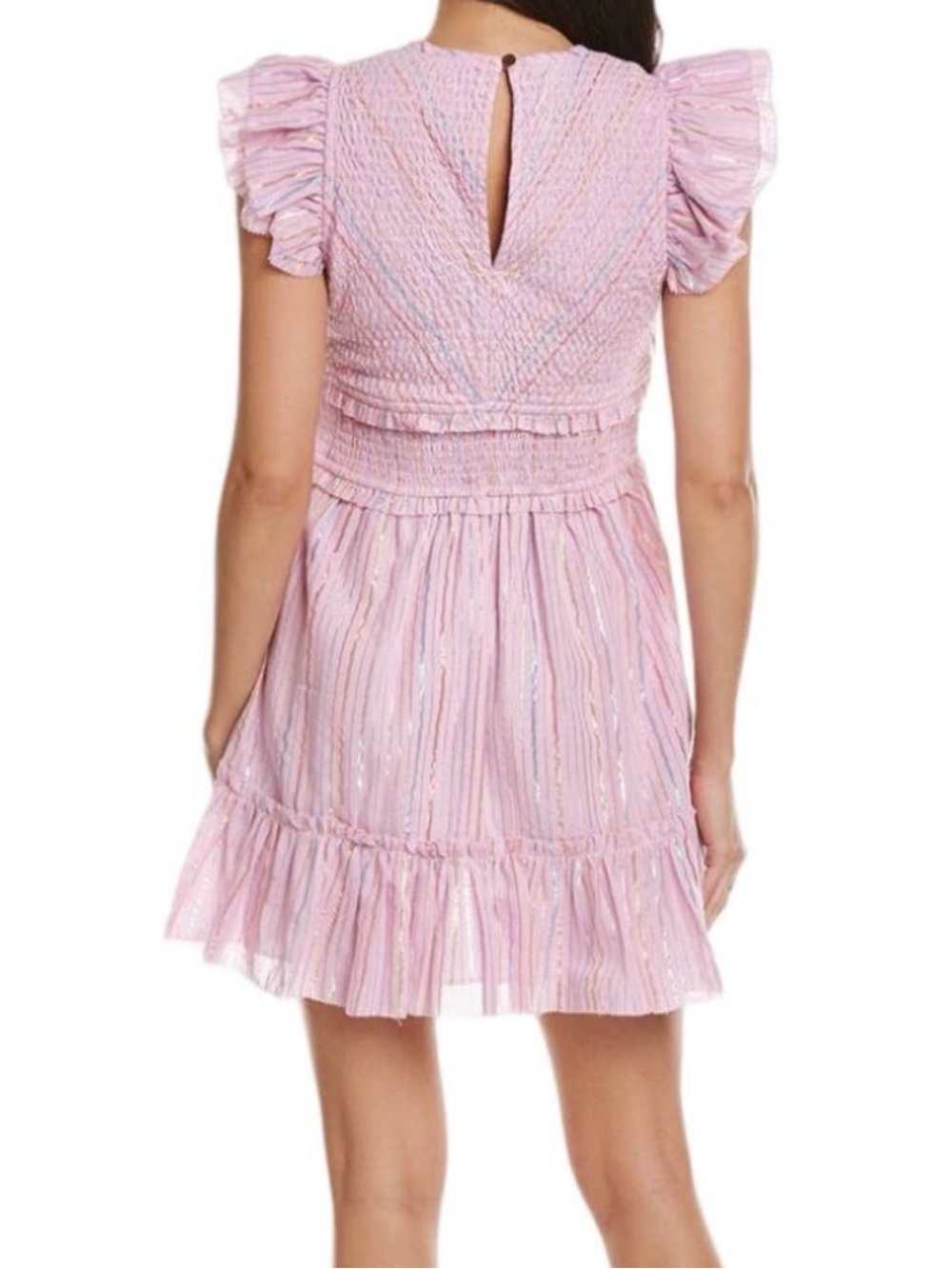SAYLOR Med Feminine Romantic Zinnia Lavender Metallic Cotton Smocked Mini Dress - Picture 3 of 16